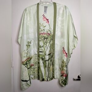 Chico's (Size S/M) Green & Multicolored Floral Print Silk Open Front Kimono